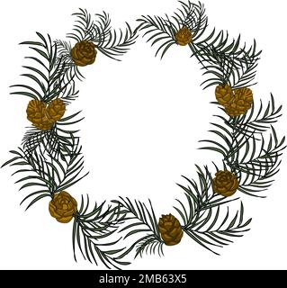 Couronne de Noël avec branches de conifères et cônes pour le nouvel an et carte de vœux de Noël Illustration de Vecteur