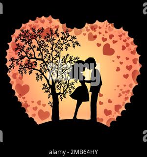 Illustration de la carte de vœux de la Saint-Valentin avec silhouettes de jeunes amoureux Banque D'Images