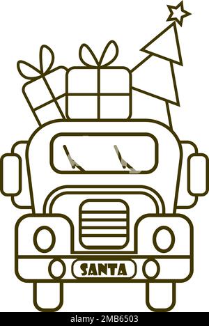 Le Père Noël apporte ses cadeaux de voiture rouge et la vue latérale de l'arbre de Noël Illustration de Vecteur