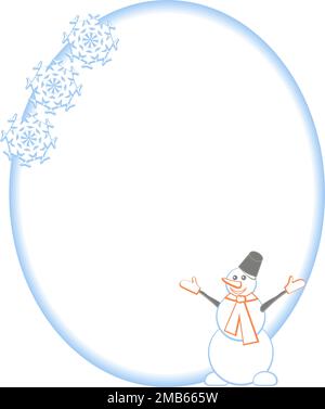 Cadre ovale hiver nouvel an et Noël avec bonhomme de neige heureux et trois flocons de neige Illustration de Vecteur