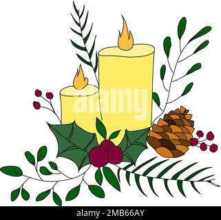 Bougies de Noël et nouvel an avec branches vertes et baies de houx Illustration de Vecteur