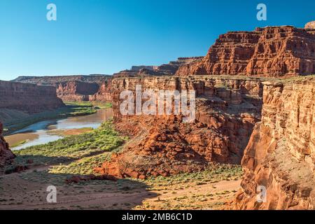 Falaises au-dessus du fleuve Colorado, région de Goose Neck, vue de Gooseneck Overlook, Potash Road, près du parc national de Canyonlands, Utah, États-Unis Banque D'Images