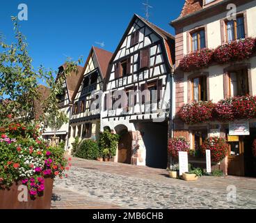 Maisons traditionnelles le long de la rue à Bergheim, Alsace, France Banque D'Images