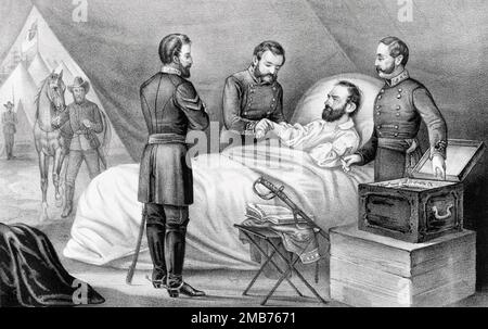 Une gravure montrant la mort du général confédéré Thomas Jackson (connu presque exclusivement par son surnom Stonewall Jackson). Il est mort de ses blessures après avoir été tiré par erreur et mortellement blessé par ses propres troupes pendant la guerre de Sécession. Banque D'Images