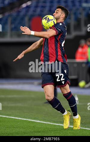 Charalampos Lykogiannis du FC de Bologne en action pendant le match de football de la coupe d'Italie entre le SS Lazio et le FC de Bologne au stade Olimpico à Rome (Italie) Banque D'Images