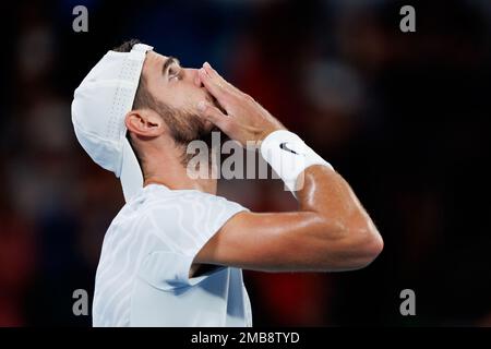 Melbourne Park 20/1/2023. Karen KHACHANOV (RUS) bat Frances TIAFOE (USA) à l'Open d'Australie de 2023. Corleve/Alay Live News Banque D'Images