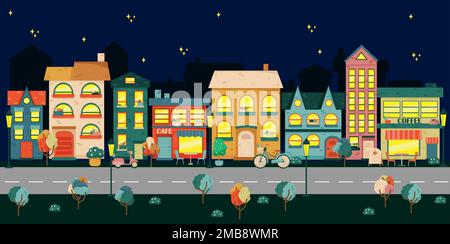Illustration de la vie urbaine avec façades de maisons, route et autres détails urbains. Vue panoramique de nuit. Style plat Illustration de Vecteur