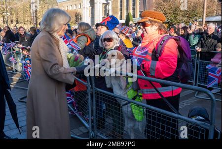 La Reine Consort rencontre les membres du public lors d'une visite à l'hôtel de ville de Bolton pour se joindre à une réception pour rencontrer des représentants de la communauté, dans le cadre d'une visite dans le Grand Manchester. Date de la photo: Vendredi 20 janvier 2023. Banque D'Images