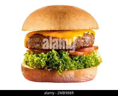 Succulent hamburger frais appétissant avec des légumes patty et du fromage isolés sur fond blanc Banque D'Images