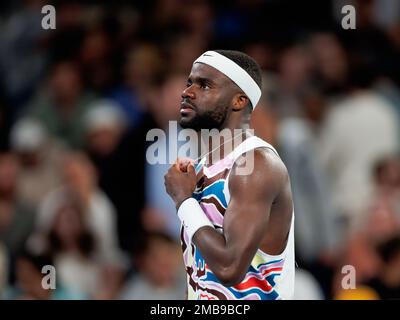 Melbourne Park 20/1/2023. Frances TIAFOE (Etats-Unis) en action contre Karen KHACHANOV (RUS) à l'Open d'Australie de 2023. Corleve/Alay Live News Banque D'Images