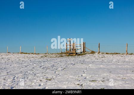 Neige sur le feu à éclats de Ditchling à Sussex, avec un ciel bleu au-dessus Banque D'Images