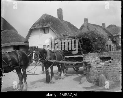 Wootton Rivers, Wiltshire, 1923. Une charrette tirée par des chevaux chargée de bois en copiqué se trouve sur la rue principale de Wootton Rivers avec des cottages en chaume en arrière-plan. Dans l'indice négatif de la collection, le photographe a enregistré que la photo a été prise à l'extérieur du Royal Oak Inn, elle a également fait référence au bois en copiqué comme des « faggots » qui sont des branches et des brindilles reliées ensemble pour former des faisceaux d'une certaine longueur et d'un certain diamètre. Banque D'Images