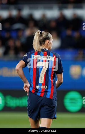 BARCELONE - 7 JANVIER : Crnogorcevic en action pendant le match de la Primera Division Femenina League entre le FC Barcelone et le FC Sevilla à la rue Johan Cruyff Banque D'Images