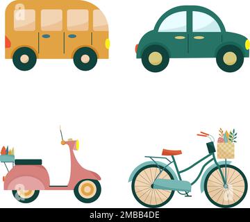 Véhicules configurés. Vélo, vélo, voiture, bus Illustration de Vecteur