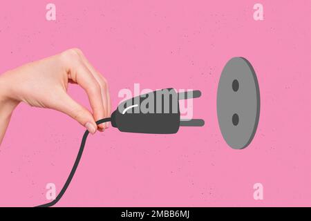 Création rétro 3D magazine collage image de bras tournant sur le plug dans le dispositif moderne isolé peinture arrière-plan Banque D'Images