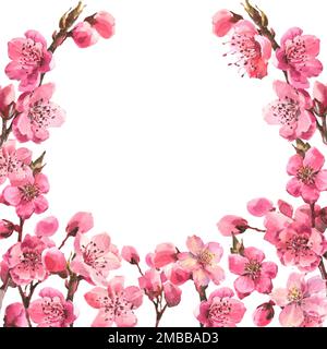 Aquarelles branches de sakura rose, modèle avec un endroit vide pour vous texte, isolé sur un fond blanc. Carte de mariage. Carte d'anniversaire. Banque D'Images