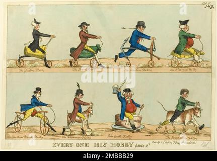 Tout le monde son Hobby, plaque 2, a publié 24 avril 1819. Caricatures d'hommes à cheval de loisir (précurseur de la bicyclette) conçues pour refléter leur profession: 'Le Hobby du Docteur [un mortier et un pilon], le Hobby du juif [un sac de vieux vêtements], le Hobby du marin [une ancre], le Hobby de l'Alderman [une tortue, référence à la soupe de tortue?], Le Real Dandy Hobby [un cheval dandy, monté par un macaroni au col haut], le Hobby du Welchman [une chèvre, avec des fromages pour roues], le Hobby de John Bull [une rumelle de boeuf], le Hobby de l'Irishman [un taureau]. Attribué à William Heath. Banque D'Images