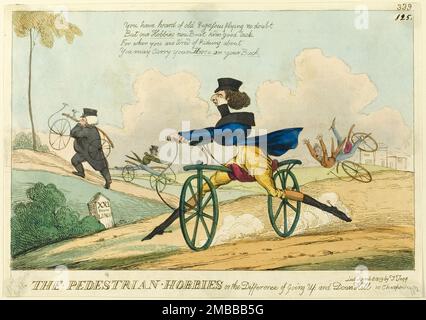 Le piéton Hobbies, ou la différence de monter et descendre la colline, a publié 8 avril 1819. Des hommes qui font des chevaux de passe-temps (précurseur de la bicyclette). L'absence de vitesses et de freins a entraîné le transport en côte et a été dangereux en descente. « Vous avez entendu parler des vieux Pegassus voler sans aucun doute, mais nos passe-temps le battent maintenant bon manque, car quand vous êtes fatigué de mûrir, vous pouvez porter votre cheval sur votre dos ». Attribué à William Heath. Banque D'Images