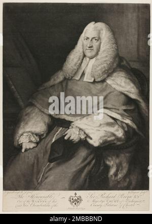 Sir Richard Perryn, s.d. «L'honorable sir Richard Perryn kN[igh]t. L'un des barons du tribunal d'Échiquier de sa Majesté et le vice-Chamberlain du comté du Palatin de Chester. L'objet noir de la main gauche de Perryn est la casquette noire, le harnais symbolique porté par les juges anglais, gallois, irlandais et irlandais du Nord lorsqu'ils passent une peine de mort. Banque D'Images