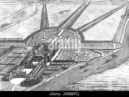 ''vue d'oiseau du palais de Hampton court telle que achevée par William III', 1891. Dans « The Graphic. Un journal hebdomadaire illustré », volume 44. Juillet à décembre 1891. Banque D'Images