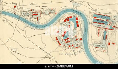 « Port of London Authority - carte », 1937. La Tamise à Londres, avec Tower Bridge, la Tour de Londres, les quais St Katharine, les quais ouest et est, les quais West India, Blackwall Basin, Upper and Lower pools, Fenchurch St., Leman St., Shadwell, Stepney, Stations West India Dock et Millwall Junction, Limehouse Regent, Regent's Canal Dock, Shadwell New Basin, West India Docks, Peupliers, Millwall Dock, Surrey stations commerciales: Lavande, Stave, île, Albion, Lady, Russie, Québec, Canada, Norvège, Groenland et quais du Sud. De "la rivière Said Noble", par Alan Bell. [Le port Banque D'Images