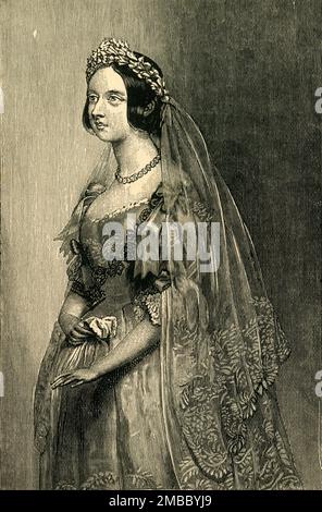 « La Reine le jour de son mariage », 10 février 1840, (c1897). La reine Victoria dans sa robe de mariage et voile de dentelle. Elle épousa le prince Albert de Saxe-Coburg-Gotha dans la chapelle royale du Palais St James, Londres. Tiré de "la détermination de la Reine et son double règne royal des soixante ans", par Charles Bullock, B.D. ["Home Words" Publishing Office, Londres, ] Banque D'Images