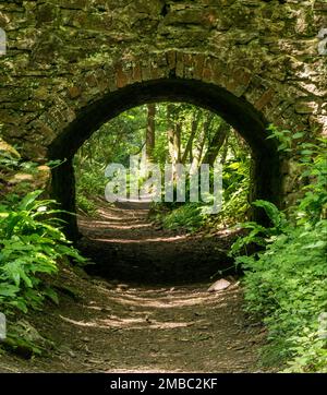 Petit pont de pierre et de brique sur une ancienne voie de chemin de circulation à Tickerall Limeyards, Derbyshire, Angleterre, Royaume-Uni. Banque D'Images
