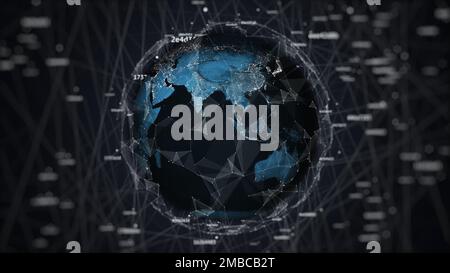 Illustration 3D du globe terrestre dans le chaos géométrique avec des nombres aléatoires connectés par commutateur de bruit numérique, illustration d'arrière-plan technique Banque D'Images