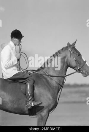 Personne non identifiée sur un cheval, entre 1911 et 1942. Banque D'Images