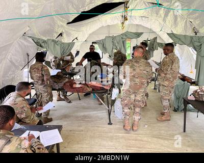 Diverses unités s'entraînent au Centre de formation en simulation médicale de fort dix (MSCT) pendant leur cours de combat Gareautrain. Les médecins de combat de l'armée jouent un rôle essentiel en appliquant les premiers soins et les soins traumatiques aux soldats blessés simulés, mais dans certaines situations, la première personne à aider n'est pas toujours une médic certifiée. Le cours est destiné à fournir une étape intermédiaire entre le soutien de base de style copain enseigné à chaque soldat, et les compétences avancées de soutien de la vie. (Photos prises par le centre de soutien à la formation de fort dix [TSC]) Banque D'Images