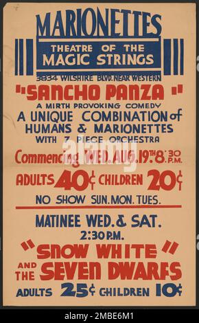 Sancho Panza, Los Angeles, 1936. 'Marionettes - Theatre of the Magic Strings..."Sancho Panza" - Une comédie provoquant le Mirth - Une combinaison unique d'hommes et d'ampli; Marionettes... Matinee..."Snow White" et les sept quartiers...". Le Federal Theatre Project, créé par les États-Unis Works Progress Administration, en 1935, a été conçu pour conserver et développer les compétences des travailleurs du théâtre, les réemployer sur les secours publics, et pour amener le théâtre à des milliers aux États-Unis qui n'avaient jamais vu auparavant des spectacles de théâtre en direct. Banque D'Images