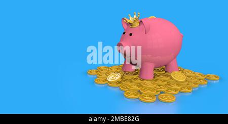 Petite tirelire en céramique rose avec une couronne d'or sur sa tête, debout sur une pile de pièces de monnaie d'or sur une surface bleu brillant. 3D Illustration Banque D'Images