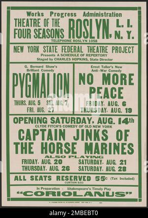 Pygmalion, Roslyn, NY, 1937. Le Federal Theatre Project, créé par les États-Unis Works Progress Administration, en 1935, a été conçu pour conserver et développer les compétences des travailleurs du théâtre, les réemployer sur les secours publics, et pour amener le théâtre à des milliers aux États-Unis qui n'avaient jamais vu auparavant des spectacles de théâtre en direct. Banque D'Images