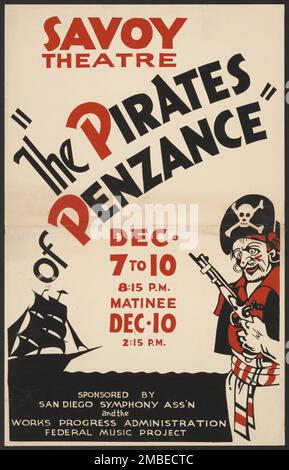 Les Pirates de Penzance, San Diego, [193-]. 'Théâtre Lavy - "les pirates de la Penzance" - parrainé par San Diego Symphony Ass'n'. Le Federal Theatre Project, créé par les États-Unis Works Progress Administration, en 1935, a été conçu pour conserver et développer les compétences des travailleurs du théâtre, les réemployer sur les secours publics, et pour amener le théâtre à des milliers aux États-Unis qui n'avaient jamais vu auparavant des spectacles de théâtre en direct. Banque D'Images