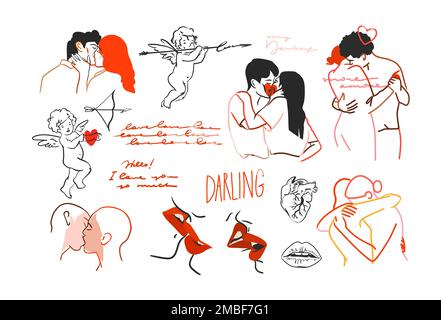 Dessin à la main vecteur résumé illustration graphique Valentines jour design élément set,love lettering,text and hugging couples.Love design concept contour Illustration de Vecteur