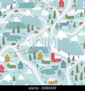 Décor d'hiver amusant dessiné à la main avec un village coloré, un domaine skiable, des montagnes et des nuages - idéal pour les textiles, le papier peint, l'emballage - conception vectorielle Illustration de Vecteur