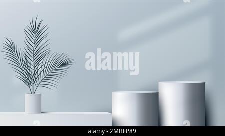 3D Podium blanc réaliste plate-forme décoration socle avec vase et feuilles de palmier et fenêtre d'éclairage sur fond bleu doux style minimal. Goujon Illustration de Vecteur
