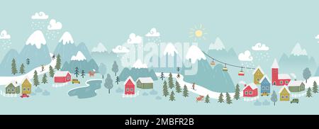 Décor d'hiver amusant dessiné à la main avec un village coloré, un domaine skiable, des montagnes et des nuages - idéal pour les textiles, le papier peint, l'emballage - conception vectorielle Illustration de Vecteur