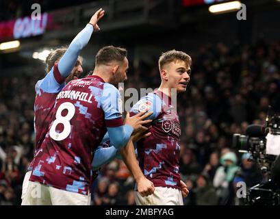 Scott Twine, de Burnley, célèbre le deuxième but du match du championnat Sky Bet à Turf Moor, Burnley. Date de la photo: Vendredi 20 janvier 2023. Banque D'Images