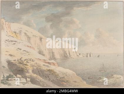 Vue sur les aiguilles et les falaises blanches prises de la baie d'Allum, île de Wight, 1772/1781. Banque D'Images