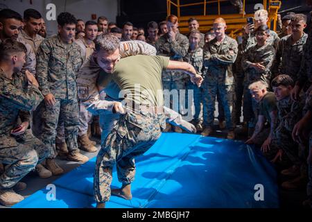 Les Marines des États-Unis avec le 1er bataillon, le 8e régiment de Marines, la 2e division de Marines et l'Infanteria de Marinas avec le groupe tactique Wolf participent aux combats terrestres pendant le FLOTEX-22 espagnol à bord du Juan Carlos I près de Rota, en Espagne, le 15 juin 2022. Cet exercice comprend des actions tactiques à terre, combinées à une formation et à une planification conjointes, visant à accroître l'interopérabilité bilatérale globale entre les Nations. 1/8, FLOTEX-22, formation conjointe, Rota espagne, Banque D'Images