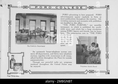 Poro College; le département de publicité; panneau de commutation téléphonique, 1922. Banque D'Images