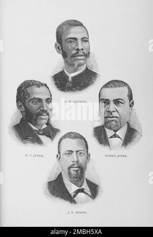 G. W. Gayles, H. N. Jeter, Daniel Jones, J. T. White, 1887. Des Afro-Américains de premier plan. Le ministre baptiste et le législateur d'État George Washington Gayles. Le ministre baptiste et militant de la justice sociale Henry Norval Jeter. Ministre épiscopal méthodiste Daniel Jones. James T. White, ministre baptiste et homme politique. De "Men of Mark: Éminent, progressiste et ascendant" par William J. Simmons. Banque D'Images