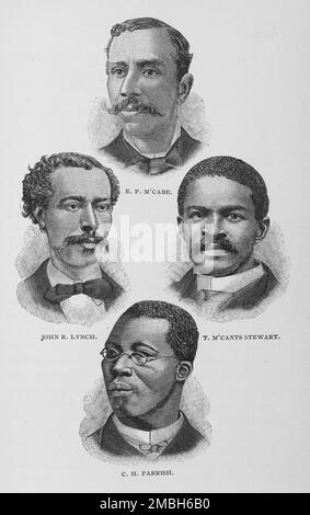 E. P. m'Cabe, John R. Lynch, T. m'Cants Stewart, C. H. Parrish, 1887. Des Afro-Américains de premier plan. Colon, avocat et agent foncier Edward P. McCabe. Écrivain et officier militaire John Roy Lynch. Ecclésiaste, avocat et chef des droits civils, Homas McCants Stewart. Ministre et éducateur Charles Henry Parrish. De "Men of Mark: Éminent, progressiste et ascendant" par William J. Simmons. Banque D'Images
