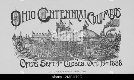 Ohio Centennial Building, 1888. « Ohio Centennial Columbus - ouverture du 4th septembre - fermeture du 19th au 1888 octobre ». Le Jubilé du centenaire de la liberté à Columbus, en Ohio, a été une célébration par les Afro-Américains de l'ordonnance de 1787 et de la Proclamation d'émancipation de 1863. Le livre comprend une oration de l'évêque Benjamin William Arnett de l'Église épiscopale méthodiste africaine sur la réalisation de la liberté aux États-Unis par les Afro-Américains, et sur la nécessité pour les Afro-Américains d'exercer librement leurs droits civils. La structure en dôme temporaire de droite, d'une capacité de 12 000, a été construite à l' Banque D'Images