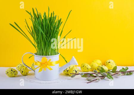 Décor de Pâques avec attention sélective. Vacances encore la vie avec des oeufs décoratifs et arrosoir peut avec l'espace de copie pour le texte Banque D'Images