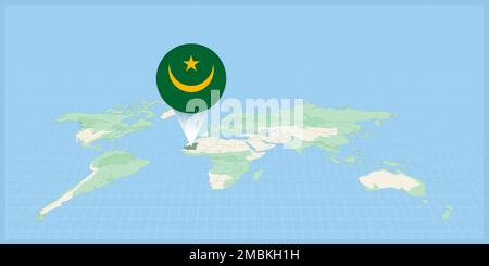 Localisation de la Mauritanie sur la carte du monde, marquée avec la goupille de drapeau de la Mauritanie. Illustration vectorielle cartographique. Illustration de Vecteur