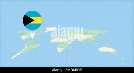 Emplacement des Bahamas sur la carte du monde, marquée avec la broche du drapeau des Bahamas. Illustration vectorielle cartographique. Illustration de Vecteur