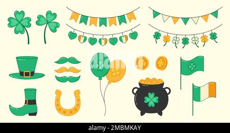 Collection Saint Patrick Day Element. Trèfle, fer à cheval, pot de pièces d'or, chapeau de lepretchun et chaussures. Illustration vectorielle Illustration de Vecteur