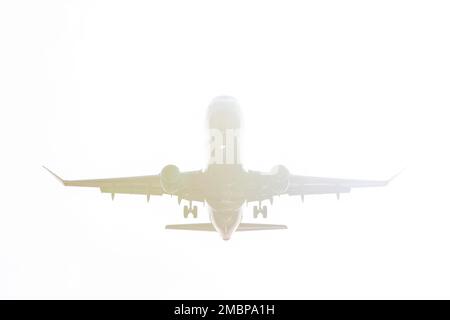 Un avion de ligne est silhoueté par le soleil lorsqu'il arrive pour un atterrissage à l'aéroport international de Seattle-Tacoma à SeaTac, Washington, mardi, 1 janvier Banque D'Images